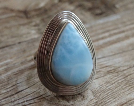 Ocean Stone, Large Genuine Blue Larimar Sterling Silver Ring Size 7, Natural Larimar Ring, Teardrop Stone Statement Ring, 925 Larimar Ring