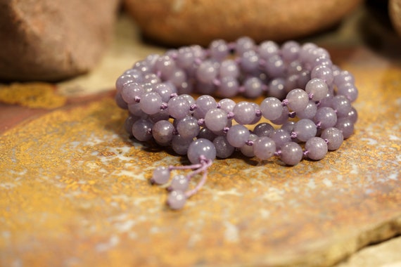 Lepidolite Mala Beads • Hand Knotted Blue Lepidolite Mala • Lilac Lepidolite Tassel Necklace • Violet Mala • Yoga Fashion • 8mm • 3565
