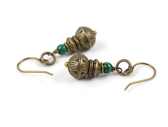 Malachite Earrings, Green Stone Earrings, Emerald Green Earrings, Gift For Her, Tribal Earrings, Rustic Earrings, Antique Gold Earrings