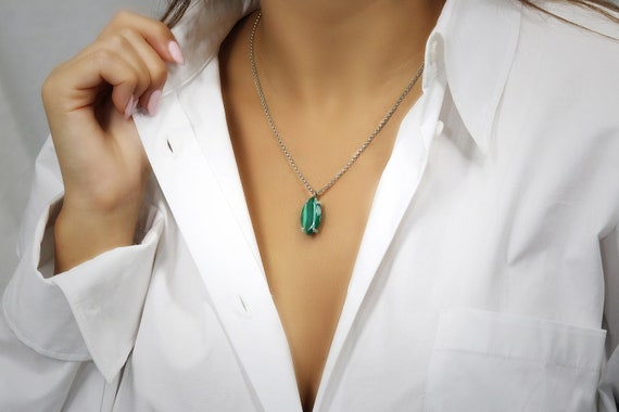 Silver Malachite Necklace · Long Marquise Necklace · Malachite Pendant For Mom · Semiprecious Necklace · Custom Necklace