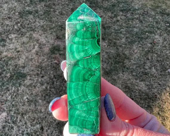 2.9" Malachite Tower, Chatoyant Banded Green Crystal Point, Sparkly Druzy, Witchy Gift For Her, Home Decor, Birthday Gift For Best Friend #1
