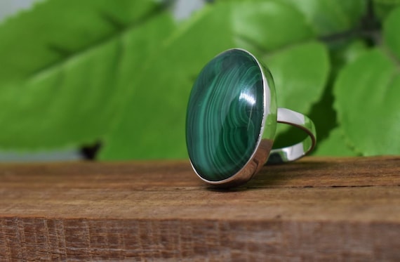 Green Malachite Ring, Bezel Set Ring, Sterling Silver Ring, Artisan Ring, Oval Gemstone Jewelry, Handmade Silver Rings, Christmas