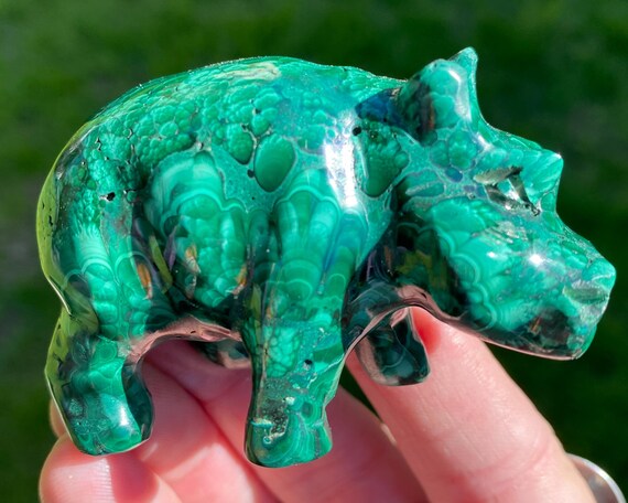 Malachite Hippo Carving, Genuine Malachite, House Hippo, Animal Figurine, Crystal Carving, Banded Green Gemstone