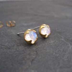 Moonstone Stud Earrings, 14k Gold, Rainbow Color, Rose Cut, Gold Studs, Round Studs, Genuine Gemstone, Blue Flash Studs, 7 Mm | Natural genuine Array jewelry. Buy crystal jewelry, handmade handcrafted artisan jewelry for women.  Unique handmade gift ideas. #jewelry #beadedjewelry #beadedjewelry #gift #shopping #handmadejewelry #fashion #style #product #jewelry #affiliate #ad