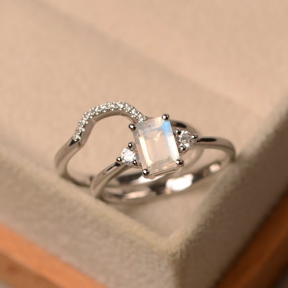 Moonstone Ring, Sterling Silver, Engagement Ring Set, Emerald Cut