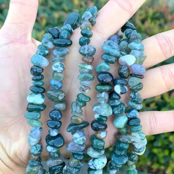 1 Strand/15" Natural Moss Agate Healing Gemstone Free Form 8-10mm Tumbled Pebble Rock Stone Beads For Earrings Bracelet Charm Jewelry Making