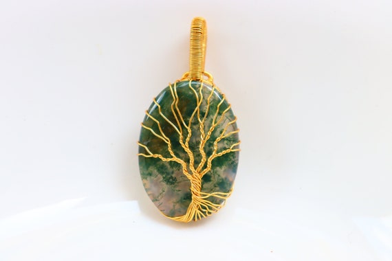 Moss Agate Wire Wrapped Pendant, Gold Plated Pendant, Gemstone, Moss Agate Loose Gemstone Pendant For Jewelry, Healing Stone, Crystal.