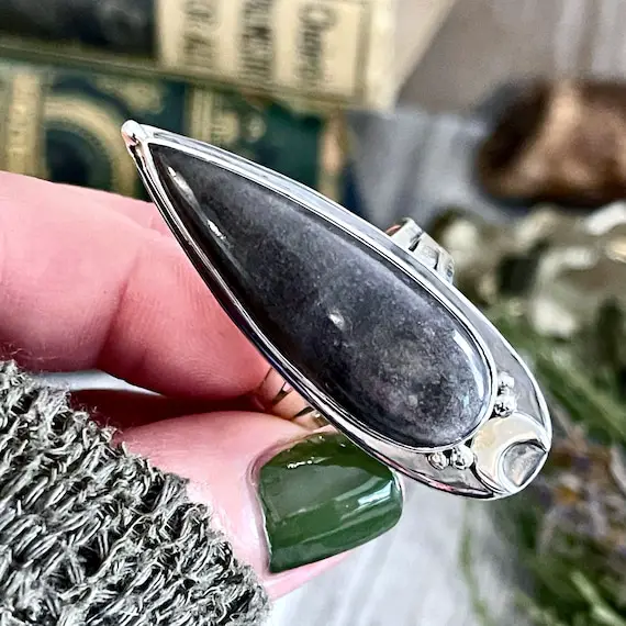 Magic Moon Silver Sheen Obsidian Ring In Sterling Silver / Designed By Foxlark Adjustable To Size 6 7 8 9 10 / Big Crystal Ring Goth Jewelry