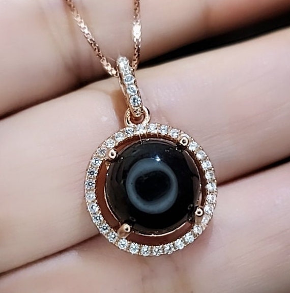 Solitaire Black Onyx Necklace , Classic 4 Ct Natural Genuine Onyx Pendant -  18kgp @ Sterling Silver - Black Gemstone Protective Stone #159