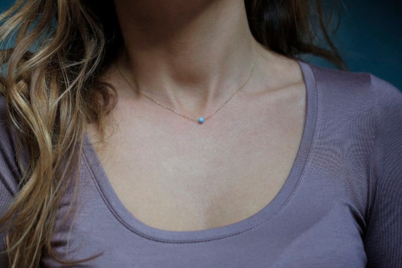Tiny Gold Opal Necklace, Dainty Ball Necklace, Rose Gold Blue Opal Choker, Delicate Bead Solitaire Necklace