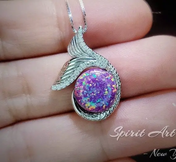 Purple Opal Necklace - Mermaid  Fish Tail Pendant - 18kgp @ Sterling Silver #612