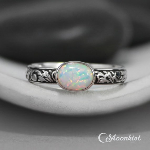 Opal Engagement Ring, Sterling Silver Opal Ring, Opal Promise Ring, Opal Stacking Ring, October Birthstone Ring | Moonkist Designs
