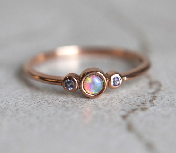 Fire Opal Ring, Three Stone Engagement Ring,  Round Opal Ring, Dainty Opal Ring, October Birthday, Gift For Her