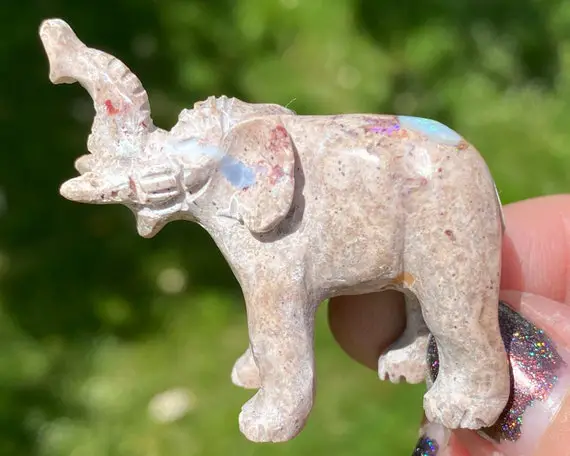 Opal Elephant Carving,  Mexican Fire Opal In Matrix, Pachyderm Figurine, Flashy Opal, Gemstone Elephant Totem #2