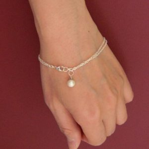 Shop Pearl Bracelets! Sterling Silver Double Strand Bracelet, Dangle White Pearl Charm, Layered Chain Bracelet, June Birthstone | Natural genuine Pearl bracelets. Buy crystal jewelry, handmade handcrafted artisan jewelry for women.  Unique handmade gift ideas. #jewelry #beadedbracelets #beadedjewelry #gift #shopping #handmadejewelry #fashion #style #product #bracelets #affiliate #ad