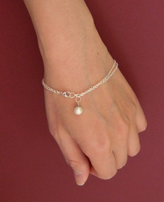 Sterling Silver Double Strand Bracelet, Dangle White Pearl Charm, Layered Chain Bracelet, June Birthstone