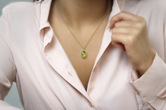 Fine Work Oval Necklace · Handmade Pendent · Gift For Her · Oval Peridot Jewellery · August Birthstone Necklace