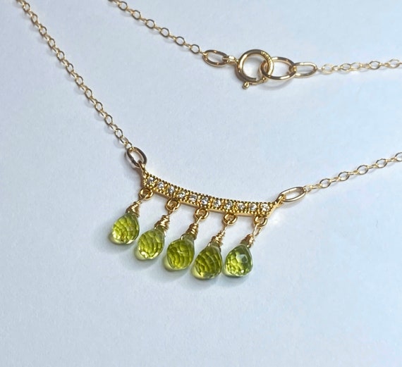 Natural Peridot Gold Necklace.  Green Pave Gold Pendant, August Birthstone Necklace, Leo Jewelry, Dainty Gemstone Necklace.