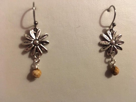 Brown Earrings - Picture Jasper Gemstone Jewelry - Silver Jewellery - Beaded - Fashion - Flower