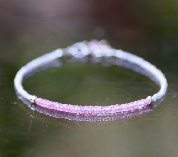 Natural Pink Sapphire Bracelet Solid 14k White Gold , 7.2" - 7.75" , September Birthstone , 5th 45th Anniversary