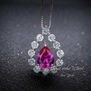 Shop Pink Sapphire Necklaces! Pink Sapphire Necklace – Diamond Halo – Pear Teardrop Cut – White Gold – Sterling Silver – 2.5ct | Natural genuine Pink Sapphire necklaces. Buy crystal jewelry, handmade handcrafted artisan jewelry for women.  Unique handmade gift ideas. #jewelry #beadednecklaces #beadedjewelry #gift #shopping #handmadejewelry #fashion #style #product #necklaces #affiliate #ad
