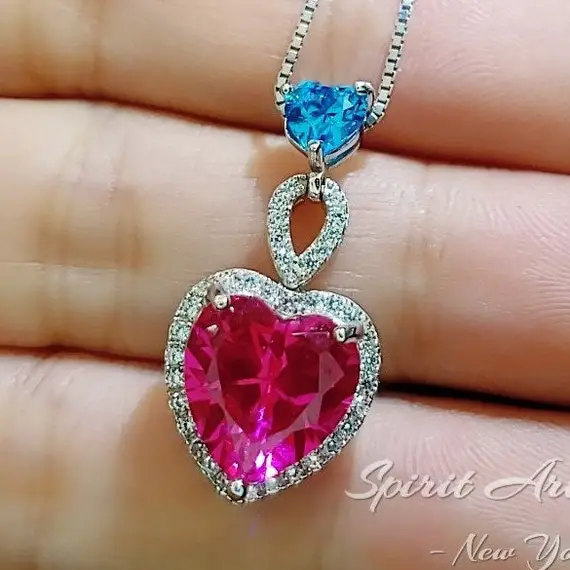 Pink Sapphire Double Heart Necklace - 18kgp @ Sterling Silver Pink Fuchsia Sapphire Jewelry Pendant White Gold Coated #659