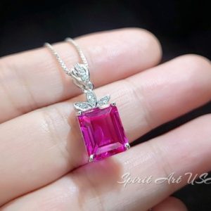 Shop Pink Sapphire Necklaces! Petal Flower Pink Sapphire Necklace – Fuchsia Color –  18KGP @ Sterling Silver  – Faceted Rectangle 5 CT Pink Sapphire | Natural genuine Pink Sapphire necklaces. Buy crystal jewelry, handmade handcrafted artisan jewelry for women.  Unique handmade gift ideas. #jewelry #beadednecklaces #beadedjewelry #gift #shopping #handmadejewelry #fashion #style #product #necklaces #affiliate #ad