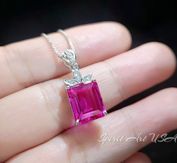 Petal Flower Pink Sapphire Necklace - Fuchsia Color -  18kgp @ Sterling Silver  - Faceted Rectangle 5 Ct Pink Sapphire #755