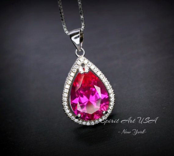 Large Teardrop Pink Sapphire Necklace - Sterling Silver Fuchsia Large 5 Ct Pink Sapphire Pendant - White Gold Fuchsia Gemstone Jewelry