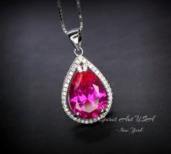 Large Teardrop Pink Sapphire Necklace - Sterling Silver Fuchsia Large 5 Ct Pink Sapphire Pendant - White Gold Fuchsia Gemstone Jewelry #746