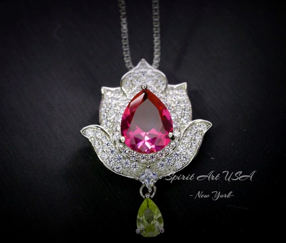 Ruby Necklace - Diamond Lotus Flower Pendant - 18kgp @ Sterling Silver -teardrop Halo Luxury Ruby Pendant