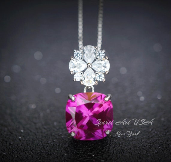 Pink Sapphire Necklace - Fuchsia - Four-leaf Clover Necklace - 18kgp @ Sterling Silver - Large Cushion Cut 6 Ct Pink Sapphire Pendant