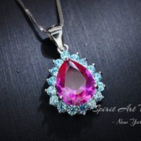 Teardrop Pink Sapphire Necklace – Aquamarine Halo Pink Sapphire Pendant – 18kgp – Sterling Silver – 2.75 Ct Fuchsia Gemstone Jewelry | Natural genuine Gemstone jewelry. Buy crystal jewelry, handmade handcrafted artisan jewelry for women.  Unique handmade gift ideas. #jewelry #beadedjewelry #beadedjewelry #gift #shopping #handmadejewelry #fashion #style #product #jewelry #affiliate #ad
