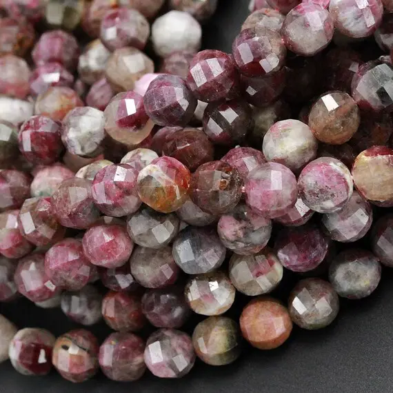 Geometric Lantern Faceted Natural Red Pink Tourmaline 8mm Round Beads Sparkling Dazzling Gemstone Good For Earring Pair Beads 15.5" Strand