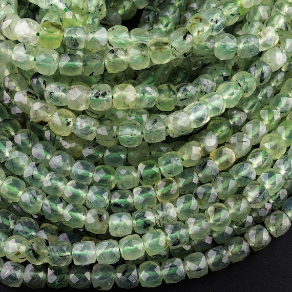 Aaa Natural Green Prehnite Faceted Cube 4mm 6mm Beads 15.5" Strand