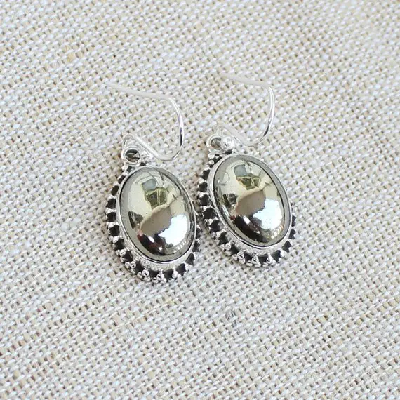 Pyrite Earrings, Sterling Silver Handmade Jewelry, Gemstone Cabochons, Natural Pyrite, Ready To Ship Christmas Jewelry, Gift Jewelry For Her