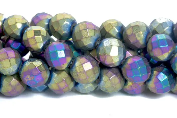Titanium Pyrite Faceted Round Beads  - Peacock Purple Plated Genuine Pyrite Gemstone Beads - Colorful Gemstone Beads - 4-12mm Beads -15inch