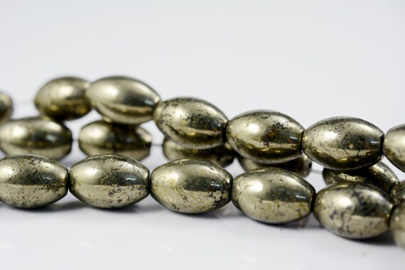 Natural Pyrite Smooth Rice Beads - Fools Gold Barrel Gemstone - Bronze Gemstone Jewelry Beads - Pyrite Jewellery Projects - 15 Inch