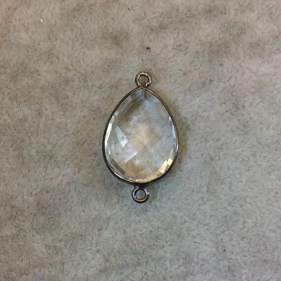 Hydro Quartz Bezel | Gunmetal Plated Faceted Clear (lab Created) Pear Teardrop Shaped Bezel Connector - Measuring 15mm X 21mm