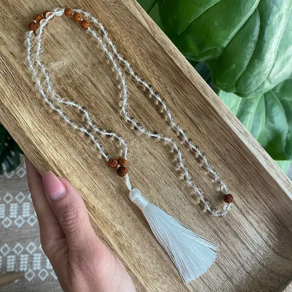 Clear Quartz And Rudraksha Seed Mala Necklace With Silk Thread