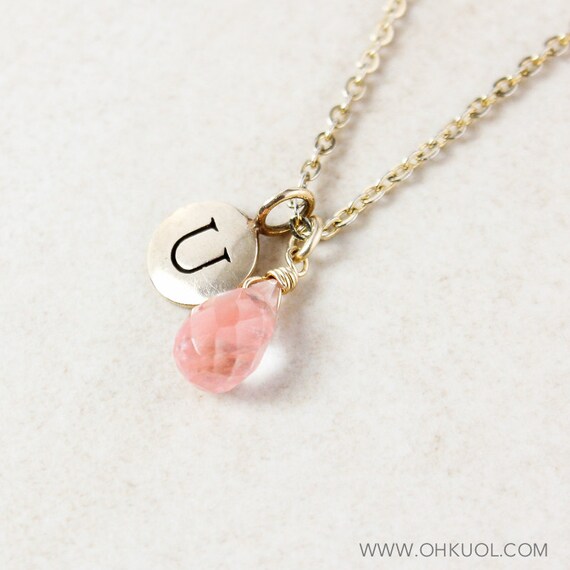Peach Quartz Necklace, Hand Stamped Initial, 14k Gold Fill Or Sterling Silver, Pink Gem Pendant