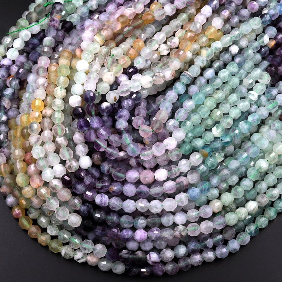 Faceted Natural Rainbow Fluorite 6mm Beads Energy Prism Double Terminated Green Purple Yellow Point 15.5" Strand