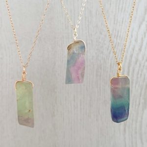 Natural Rainbow Crystal Necklace Sterling Silver, Fluorite Necklace Rose Gold Filled, Purple Crystal Pendant, Rainbow Fluorite Stone Jewelry