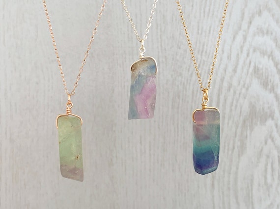 Natural Rainbow Crystal Necklace Sterling Silver, Fluorite Necklace Rose Gold Filled, Purple Crystal Pendant, Rainbow Fluorite Stone Jewelry