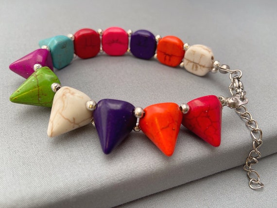 Rainbow Spike Boho Bracelet, Colourful Chunky Bracelet, Funky Beaded Bracelet, Punk Jewelry, Magnesite Bracelet, Gemstone Jewellery