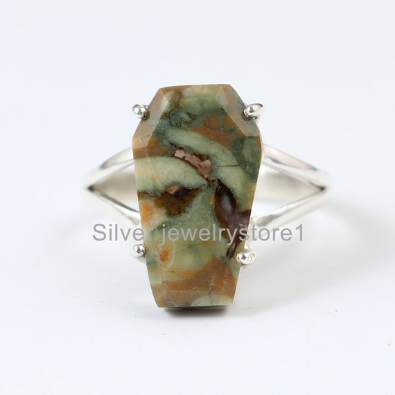 Real Rainforest Jasper Ring, Coffin Gemstone Ring, Handmade Coffin Ring,natural Ring,925 Sterling Silver Ring, Prong Coffin Ring, Gift Ideas