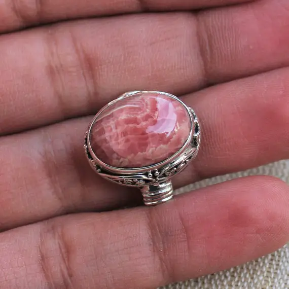 Rhodochrosite Sterling Silver Rings, Gift For Her, Natural Rhodochrosite Crystal Gemstone Jewelry, Love Stone, Jewelry Gift, Statement Ring
