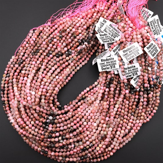 Micro Faceted Multicolor Rhodonite 4mm Round Beads Natural Pink Black Gemstones 15.5" Strand