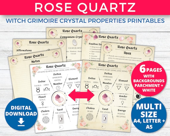 Rose Quartz Crystal Magick Reference & Meanings Printable Grimoire Pages, Love Healing Crystals Witch Chart, Witchcraft Book Of Shadows