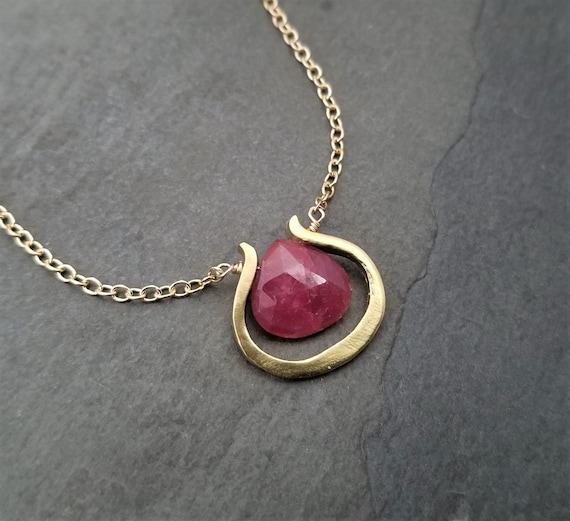 Raw Ruby Necklace, Rosy Red Gemstone, Framed Faceted Briolette Pendant, Genuine Ruby Gold Handmade Necklace, Unique Freeform Element
